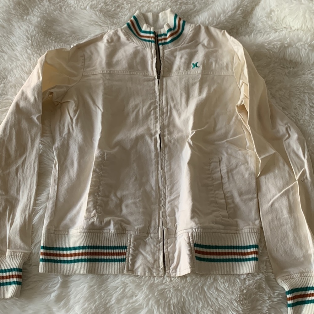 $5 to be donated - Hurley large white zip jacket stripe